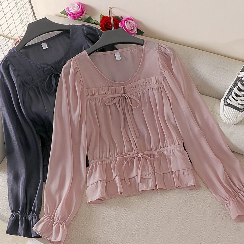 

2020 Autumn New Sweet Lace Round Neck Slim Puff Sleeve Short Tops Chiffon Shirt Women, Various