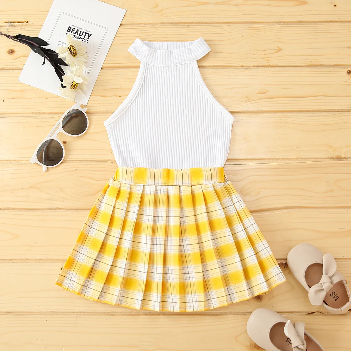 

2022 New summer children clothes set kids white tops skirts 2pcs suit baby plaid clothes, As picture