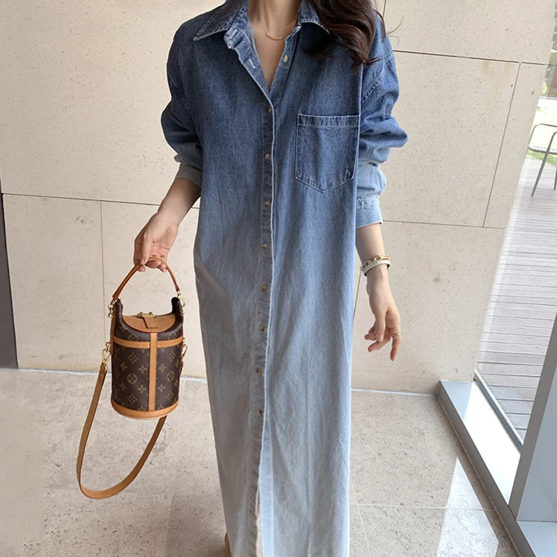 Wholesale 2026 Korean Chic Autumn French Minority Lapel Gradual Halo Dye Design Single Breasted Loose Long Sleeve Denim Dress