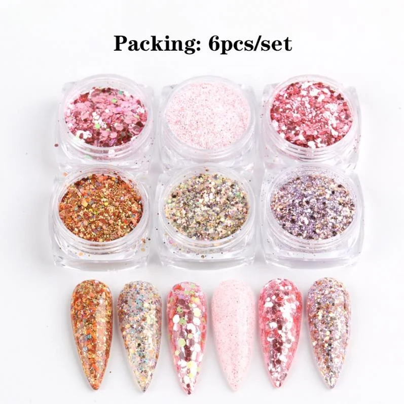 

New Arrival Luminous 6pcs/set Acrylic nail Glitter Powder Mixed Nail Glitter Sequins, Colorful