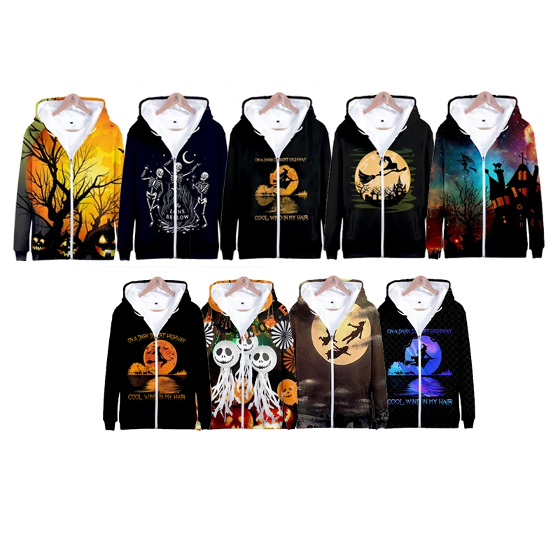 

2021 Casual Custom Sublimated Pure Polyester Zipper Custom Logo Halloween Zipper Hoodie, Customized colors