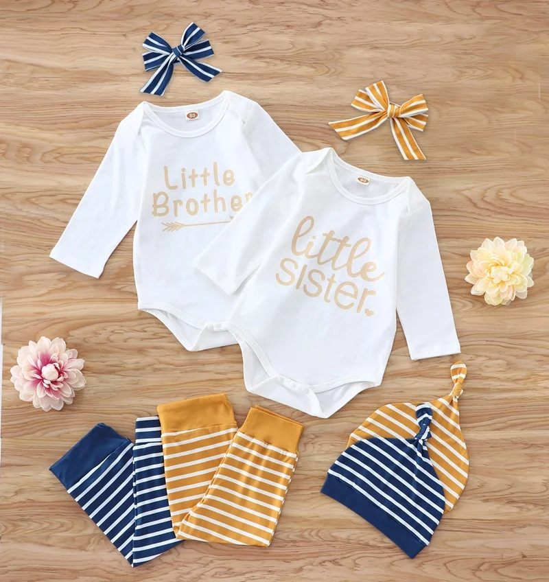 

Spring Fall Baby Clothing Set 4 Pcs Letter Long Sleeve Tops+striped Long Pants+headband+hat Cotton Soft Casual Baby Clothes 0-3Y
