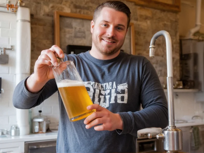 Home brewer testing beer clarity with glass