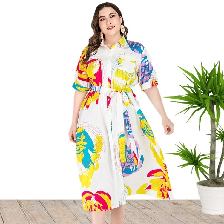 

2022 Hot Sale Short Sleeve V Neck Floral Print Plus Size Shirt Dresses For Women Wholesale China