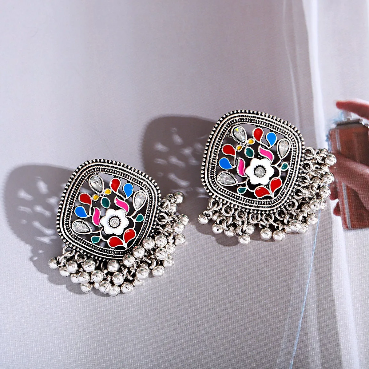 

Vintage Silver Color Hollow Earrings For Women Indian Jewelry Thailand Ethnic Dripping Oil Blue Flower Earrings Hangers, Multi-color