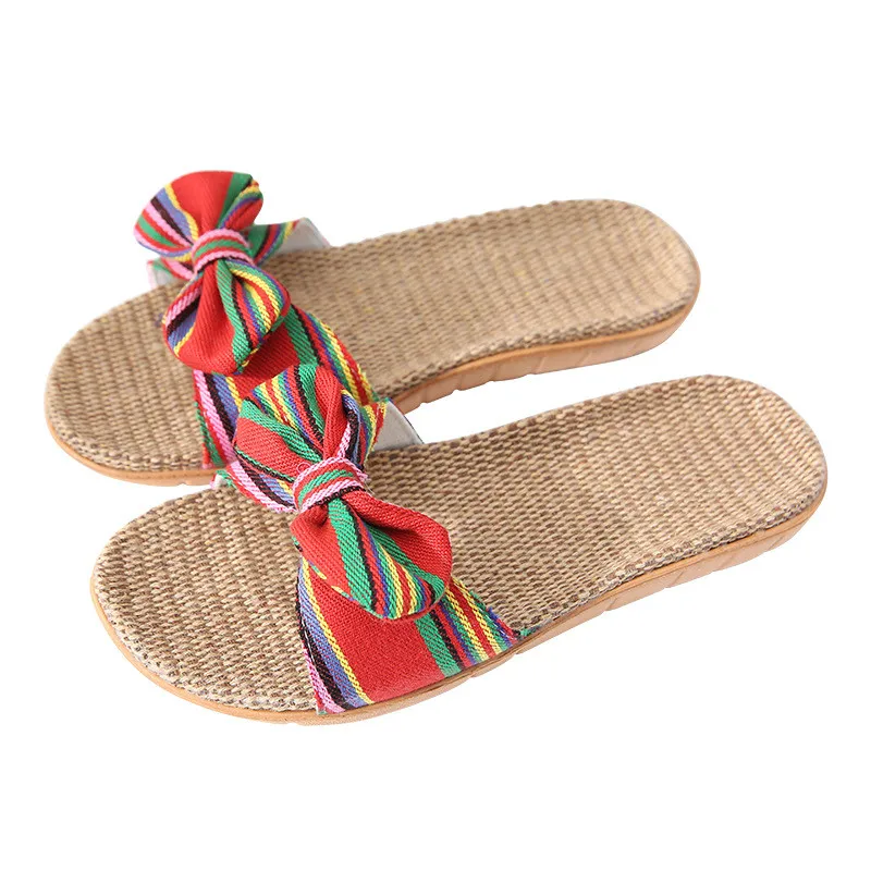 

Flax Slippers Women's Female Summer Indoor Outdoor Home Floor Antiskid Lovely Bow Straw Slippers