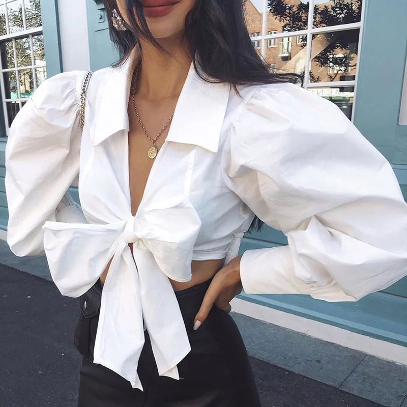 

Summer Fashion Women V-neck Long Puff Sleeve Blouse Clothes Sexy Crop Top