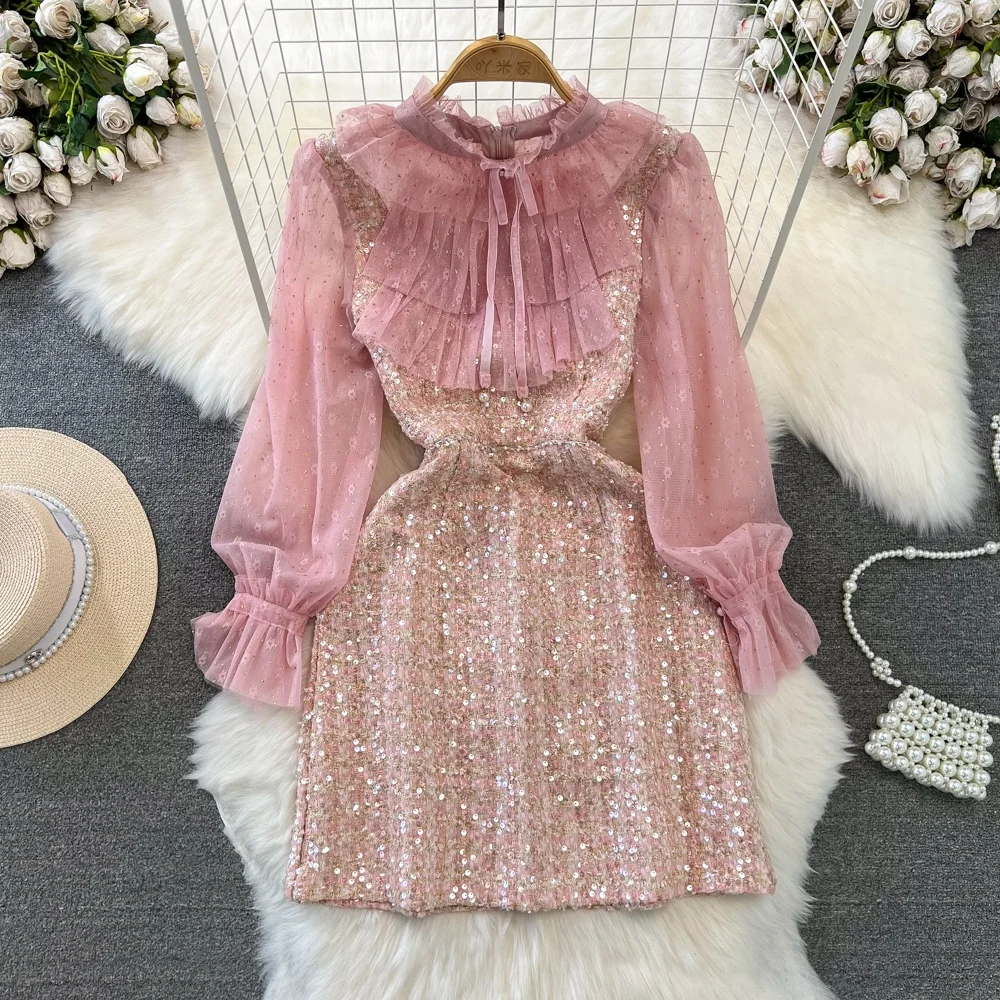 

Temperament Sequin Short Dress Women Elegant Long Sleeve Tulle Patchwork Slim Dress