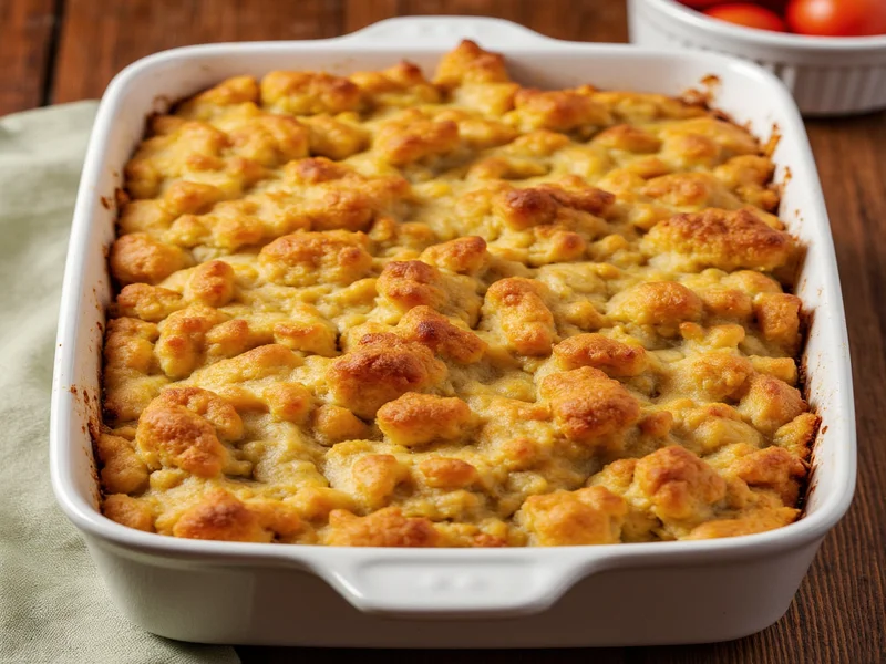 Golden brown homemade stuffing in ceramic baking dish