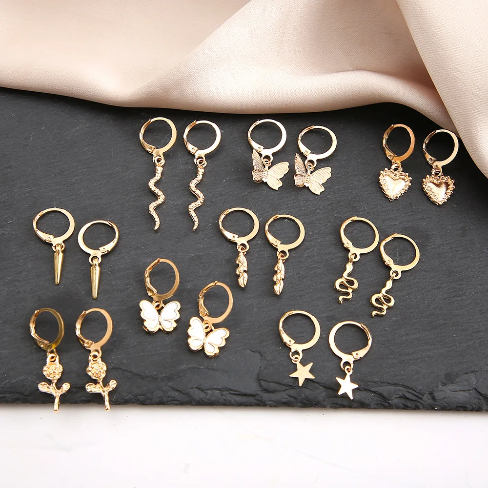 

Punk Jewelry Gold Color Hoop Earrings For Women Small Big Circle Earring Gold Drop Butterfly Earrings 9 Set, See the picture