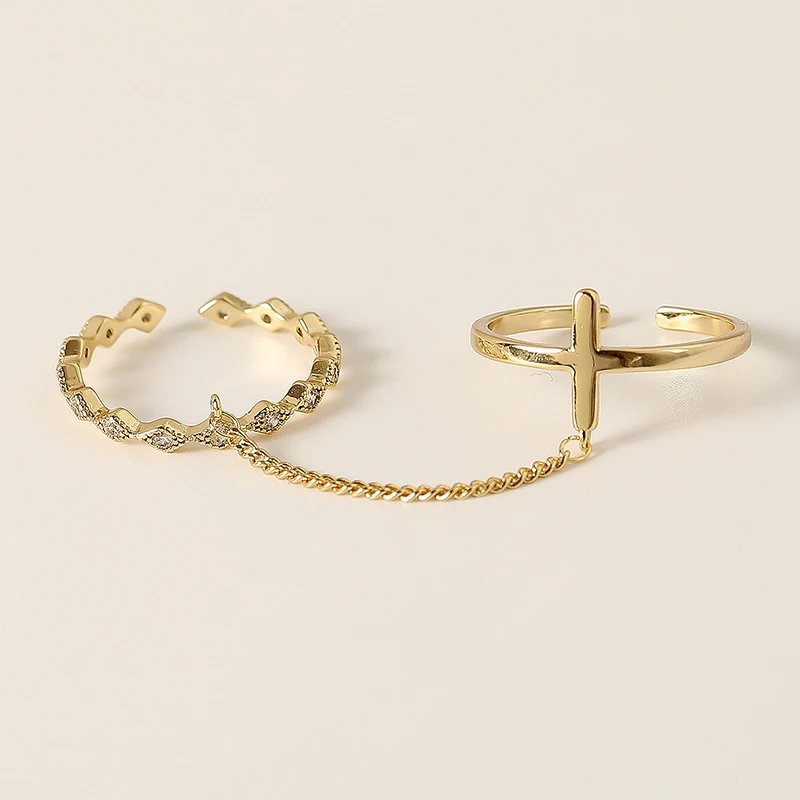 

2021 New Trendy Cross Zircon With Chain Double Ring Simple Exquisite Copper Open Ring Women Party Jewelry Accessories, Gold color