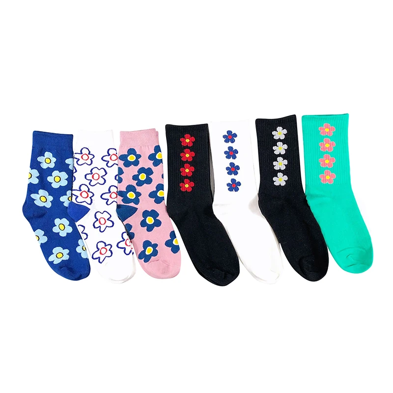 

Factory direct custom logo flowers happy women crew socks women japanese ankle socks girls middle tube korean sports socks