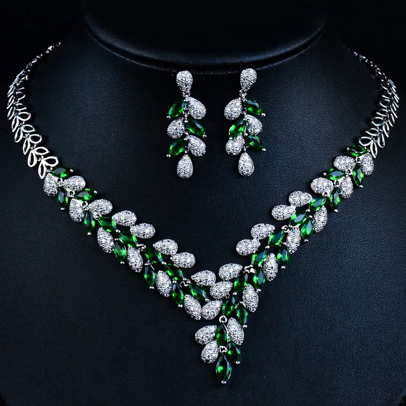 

Statement Zircon Jewelry Set Tree Leaf Pendant Necklace Silver Needle Stud Earring Women Fashion Bridal Wedding Jewelry Set