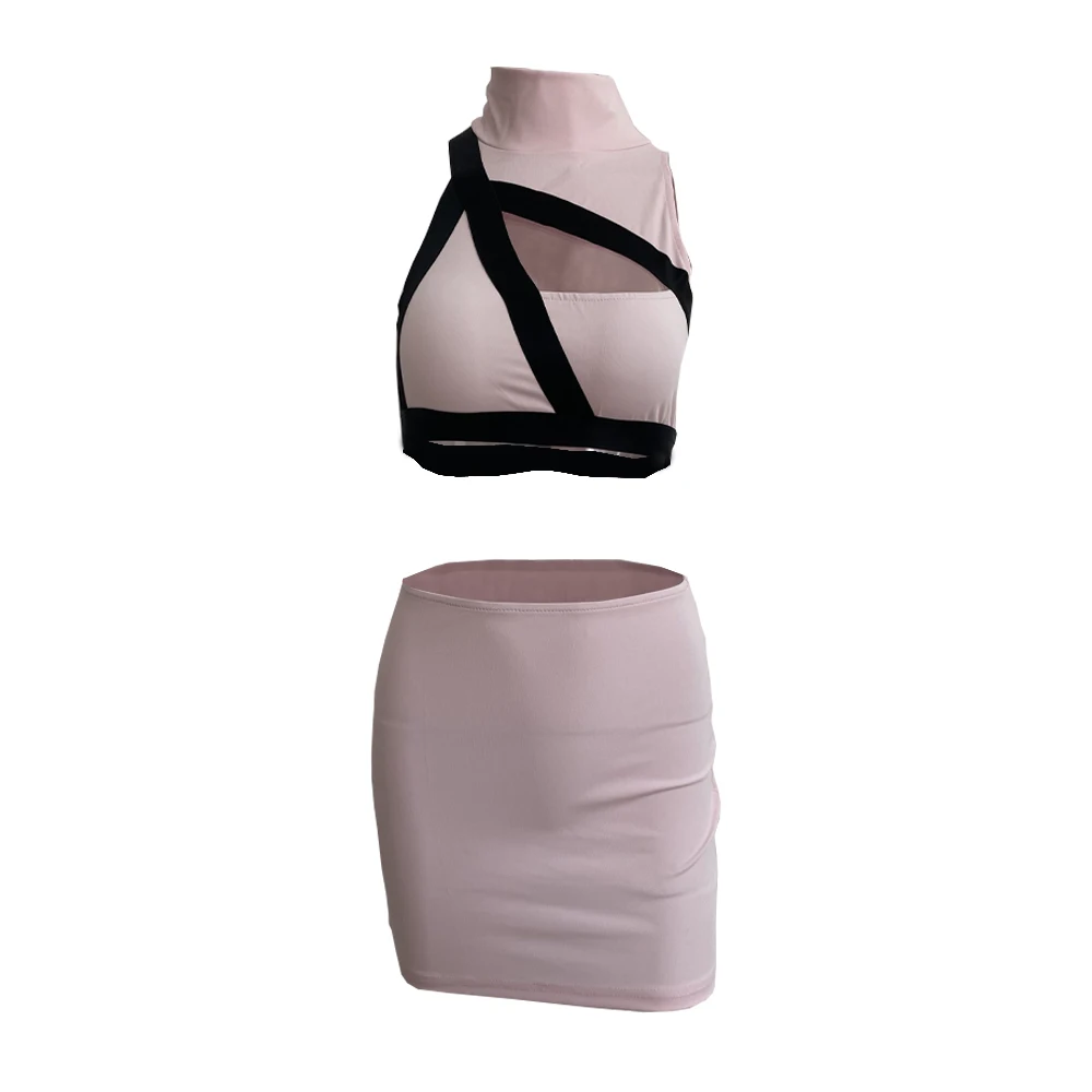 

8950 Summer Women's Set Pink Short Skirt Set Women Sexy Halter Crop Top Two Piece Outfits Bodycon Party Wear Skirt Suit, Picture color