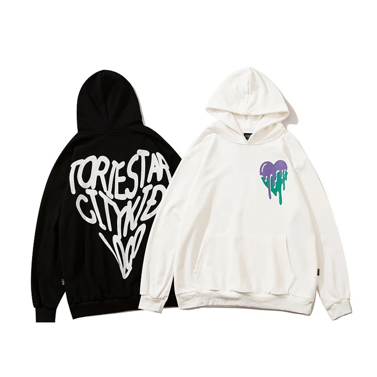 

2021 Autumn Fashion Casual Street Foaming Love Printed Couples Pull Over Sweater Custom Logo Winter Pullover Hoodies For Men