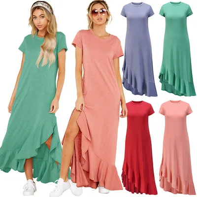 

O-neck Robe Femme With Short Sleeve Ruffles Split Decor Long Summer Dress Women 2021 New Solid Casual Loose Holiday Maxi Vestido