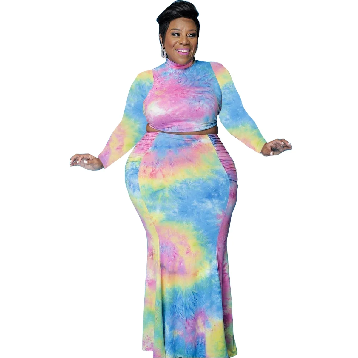 

New designer skirt and top set two piece set women plus size tie dye pleated crew neck elegant fishtail skirt maxi skirt set, Black/white/pink blue/white black/black yellow