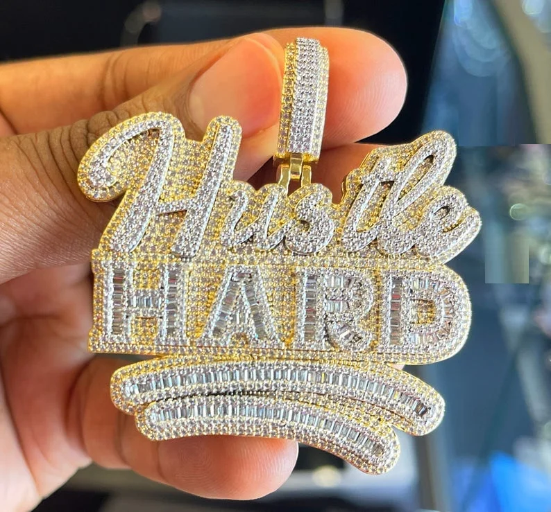 

high quality sparking hip hop jewelry micro pave cz letter hustle hard pendant men boy necklace