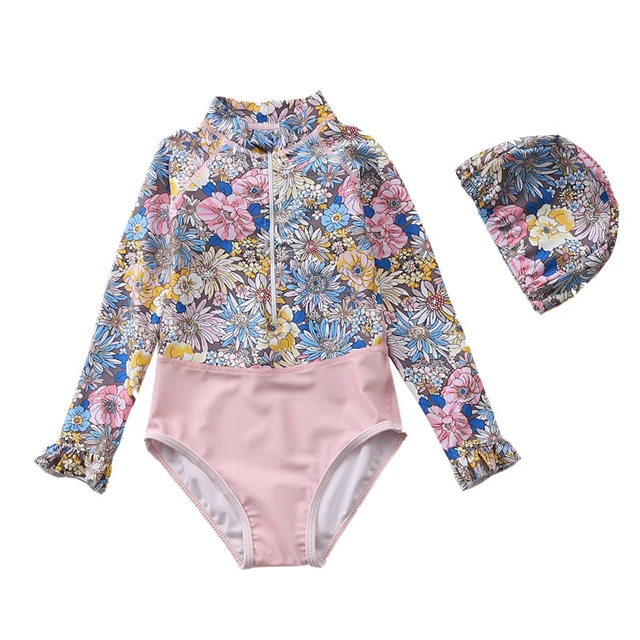 

Girls' one-piece sun protective long sleeves swimsuit Korean princess children's beachwear swimsuit, As pic /customize