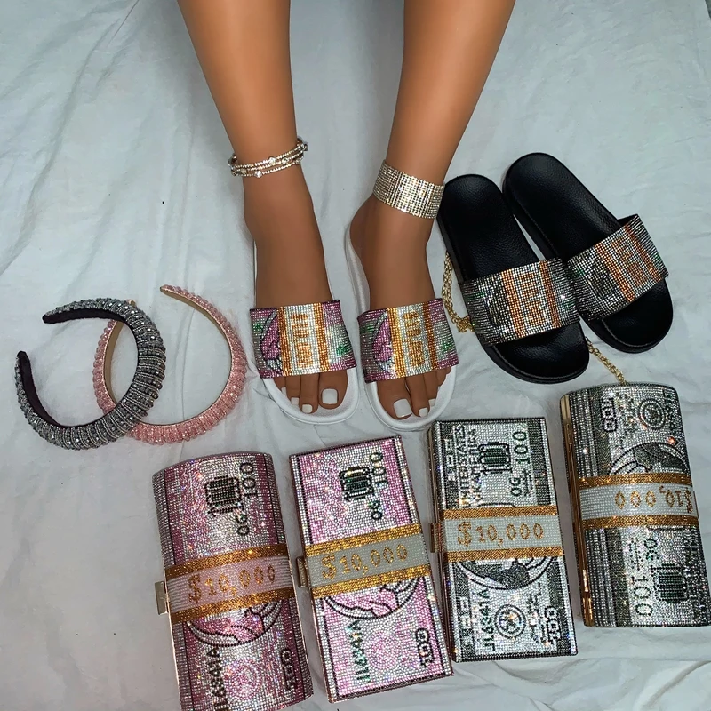 

2021 new rhinestone round dollar slippers women summer bag wear fashion all match diamond sandals ladies slippers set, Black