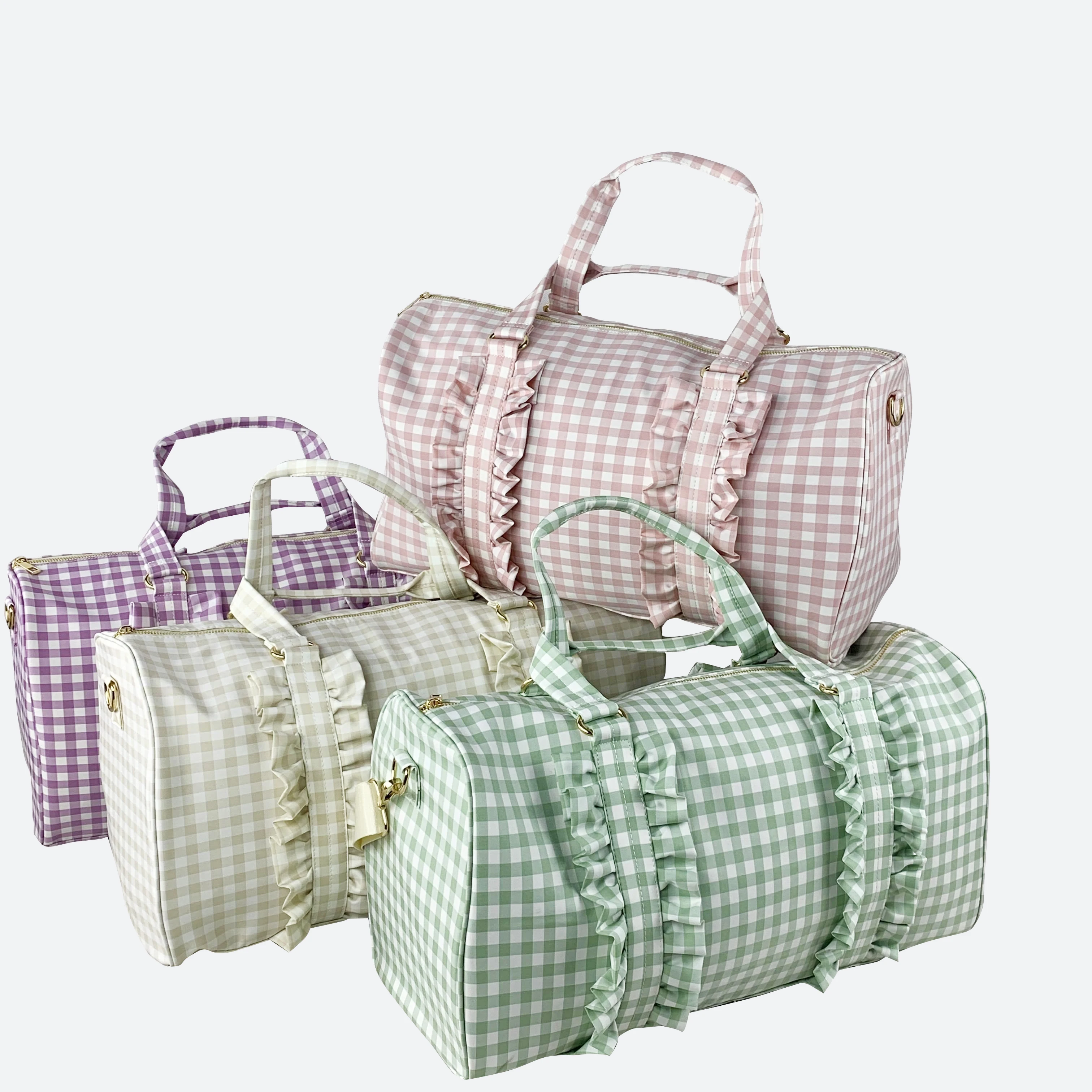 

Stock No MOQ woman nylon lotus leaf edge frills chequer weekend bag gingham duffle bag ruffle bag handbag, Customized color