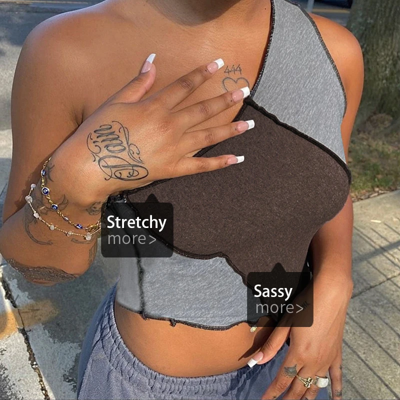 

2021casual Contrast knitting camisole street woman's One shoulder patchwork tank top club activity female bodycon crop tops, Grey