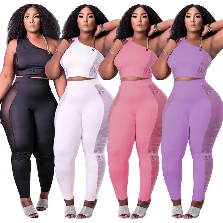 

Fashion new women sleeveless hollow out chains sexy crop top mesh splice workout leggings sport 2 piece suit