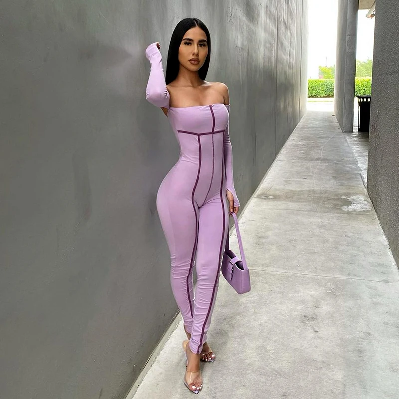 

Bomblook W21JP486 Sexy Slash Neck Strapless Streetwear Long Sleeve Stripe Print High Elastic Jumpsuit Women Sporty