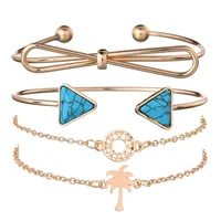 

New European Style 4 Pcs Coconut Palm Triangle Turquoise Donut Ribbon Metal Bracelet Set For Women