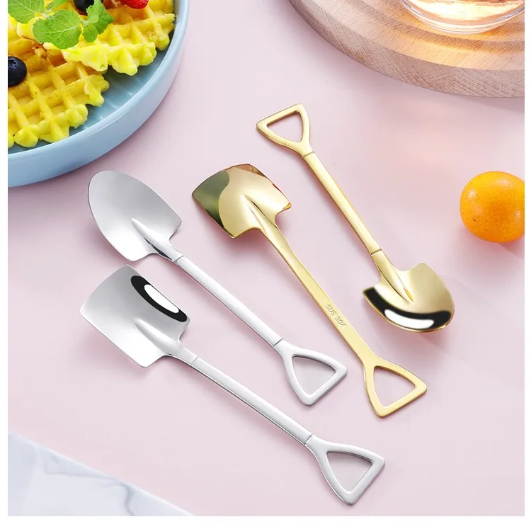 

Wholesale Creative Shovel Stainless Steel Cutlery Set Coffee Ice cream Mini Spoons Dessert Tea Spoon Custom Logo Flatware Sets, Customized color