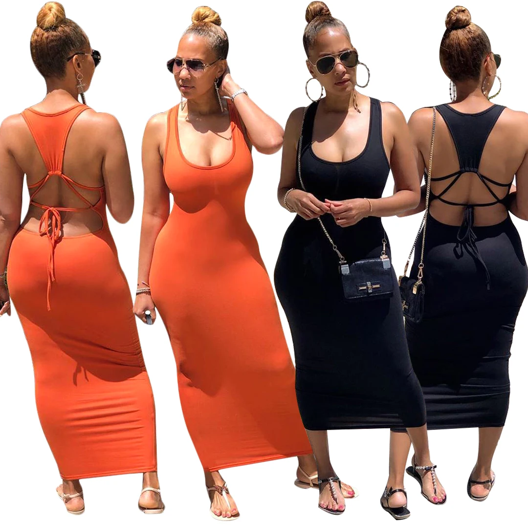

Summer 2020 sexy casual solid color slim fitting strap strap backless dress, Orange,black
