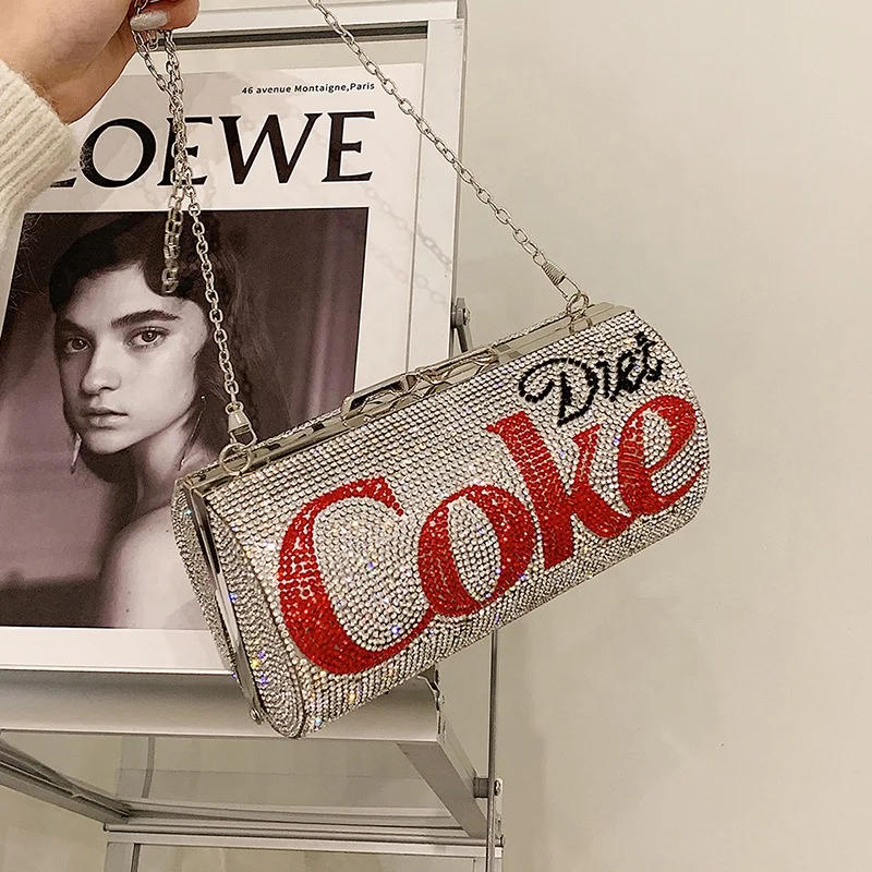 

Latest Arrival Dollar Bling Purse Bag Rhinestone Small Cylinder Coke Bottle Banquet Bag Letter Can Chain Evening Bag For Party, 2 colors