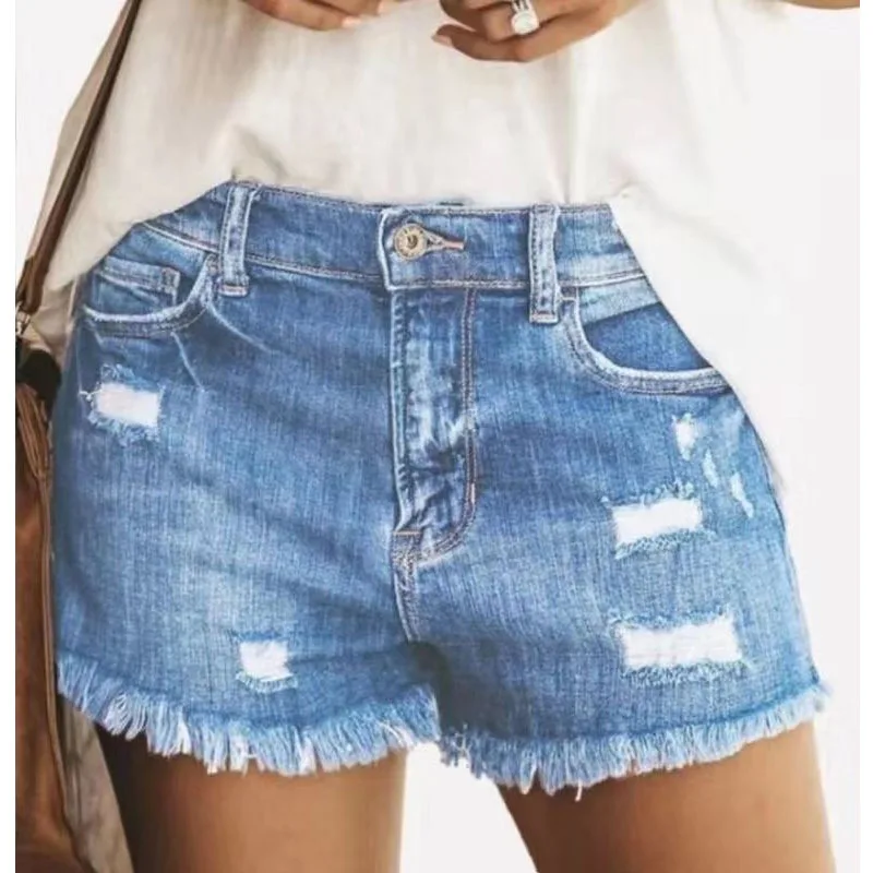 

2020 New fashion summer Elastic force Broken-hole Straight Denim shorts women ladies Denim shorts