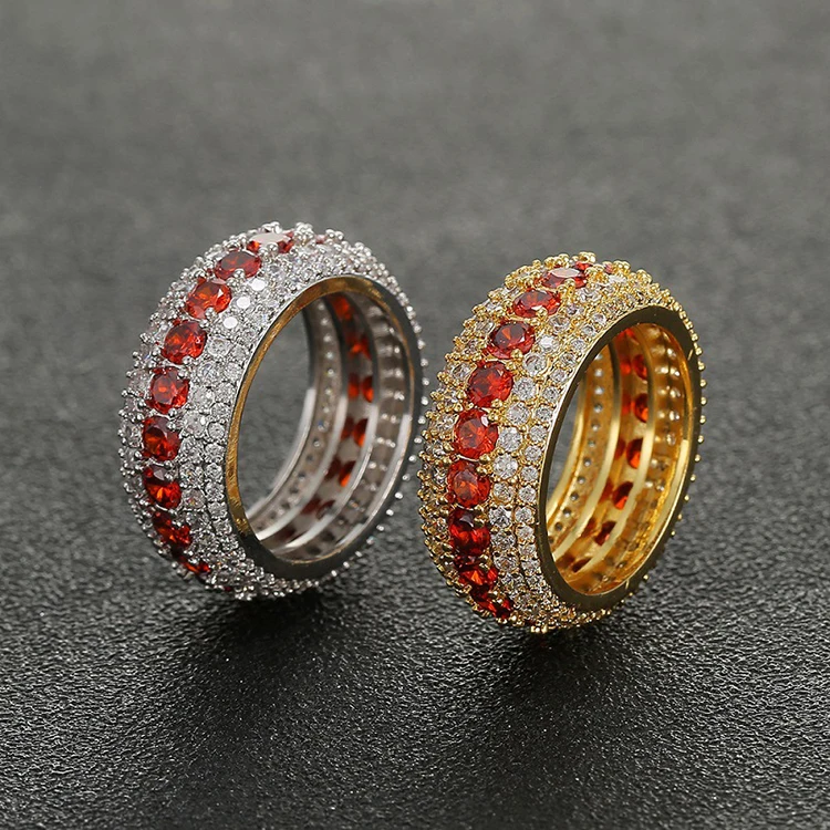 

Hip-hop ring micro-inlaid personality red five rows full of zircon men's ring accessories, Picture shows