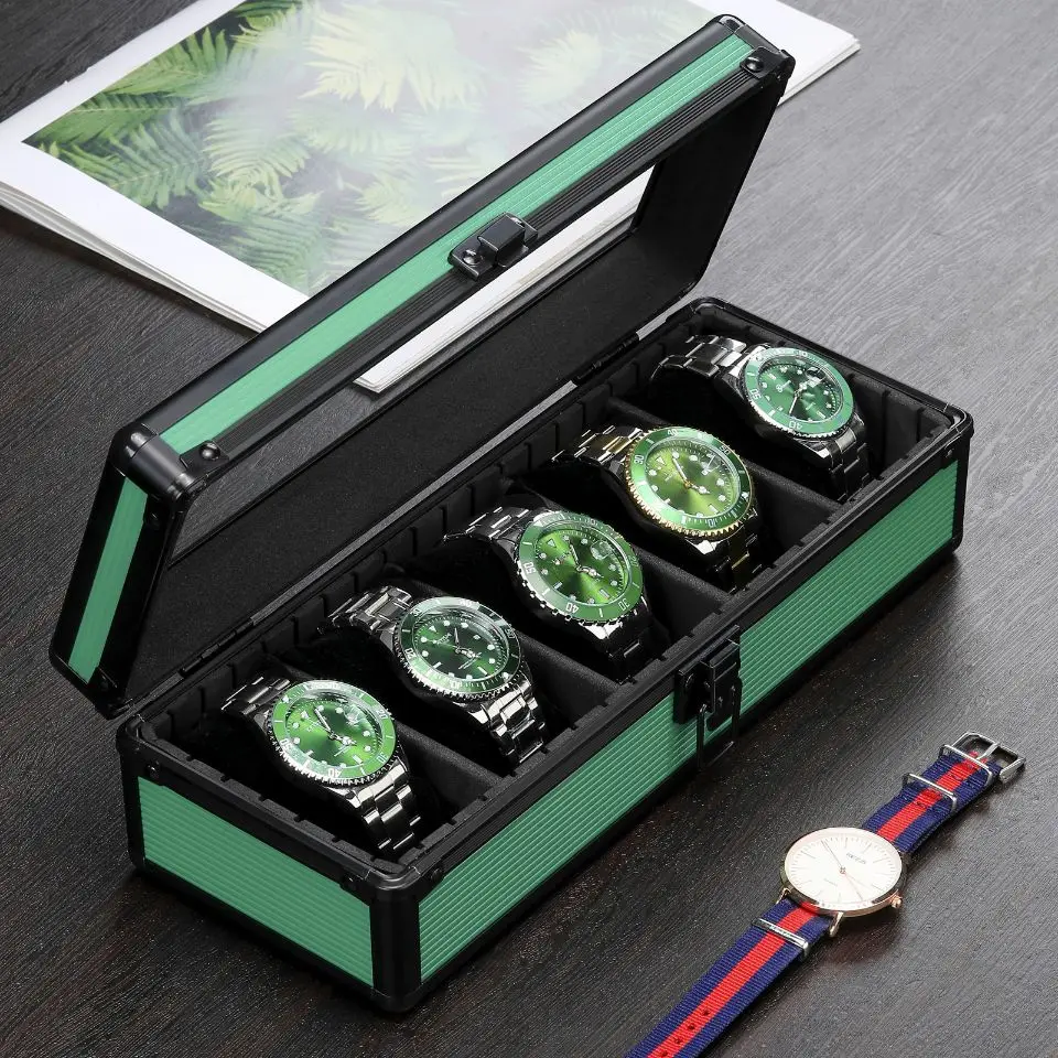 

Dropshipping New Fashion 5 Slot Green Men & Women Beauty Aluminum Gift Packaging Watch Collection Box