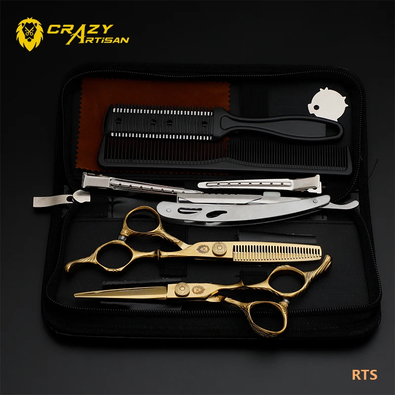 

Crazy Artisan OEM 6.0" Polished Hairdressing Thinning Scissors Sets Metal Gold Offset Salon Hair Barber Shear Kit Cisaille