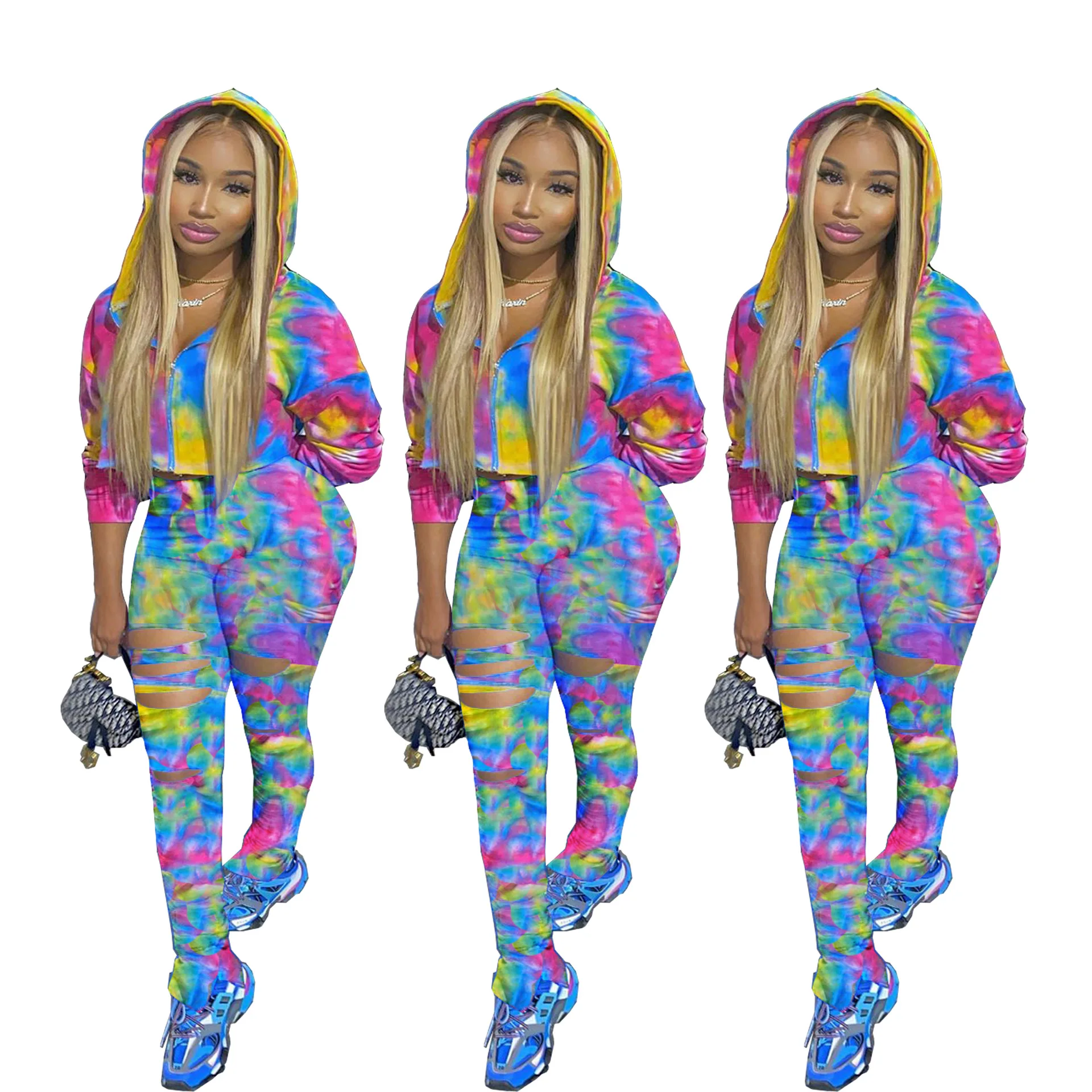 

Winter New Arrival Warm Women's Hoodies Tie Dye Rainbow Sweatshirts Graffiti Streetwear Hoodie 2 Piece Set