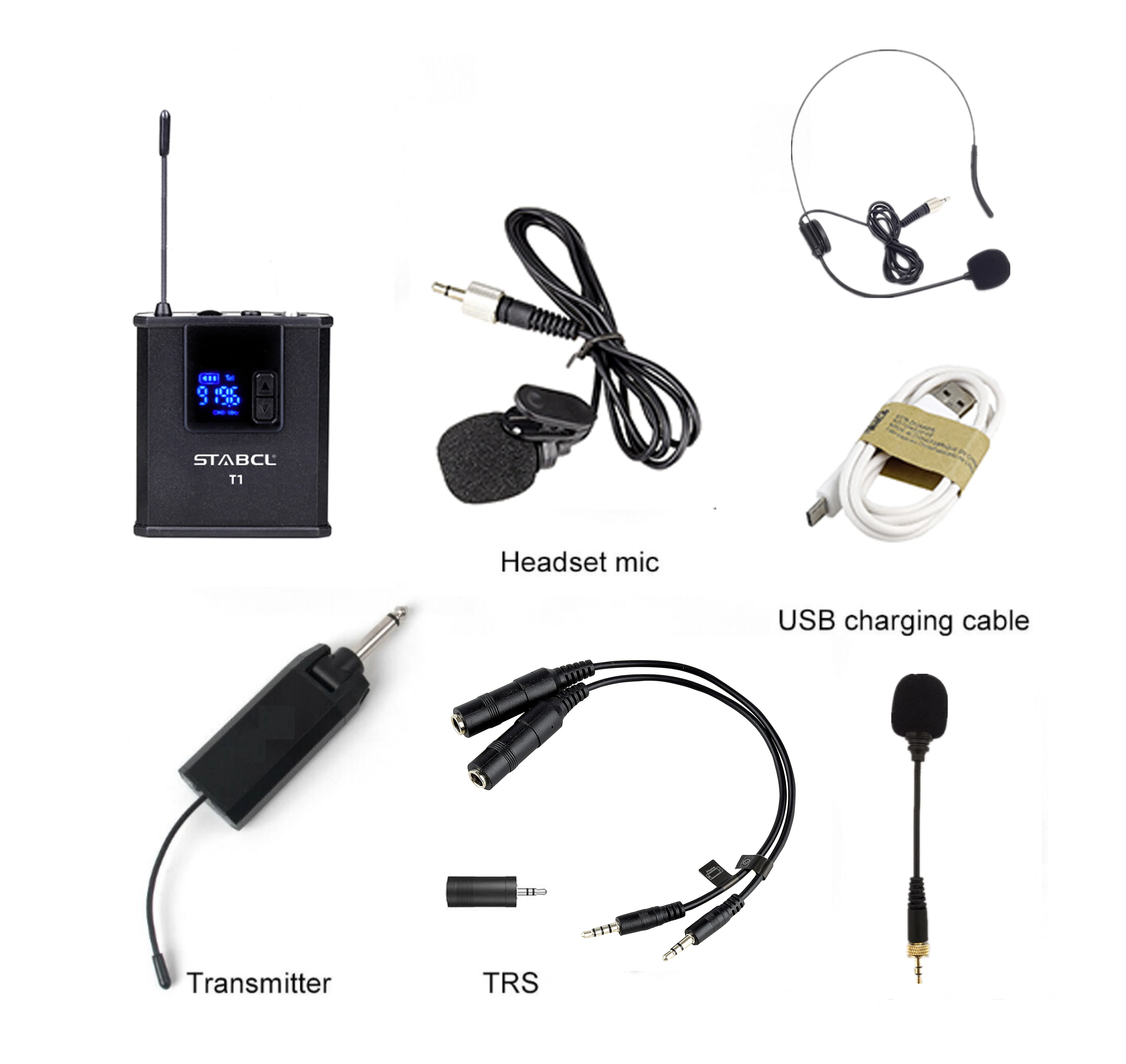 

Microphone system with headphone/lapel microphone with noise reduction for DSLR cameras, smart phones, PA speakers, podcasts,