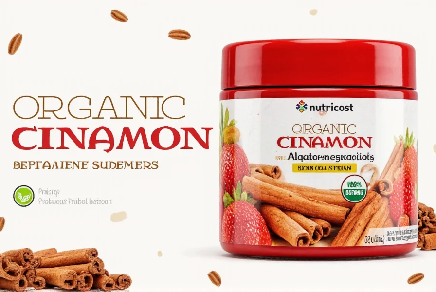 Close-up of Nutricost Organic Cinnamon powder in glass jar
