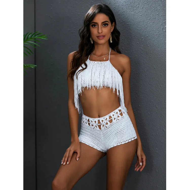 

2021 New Arrive Summer Boho Crochet Women Sexy Hollow Out Tassels Bikini, White