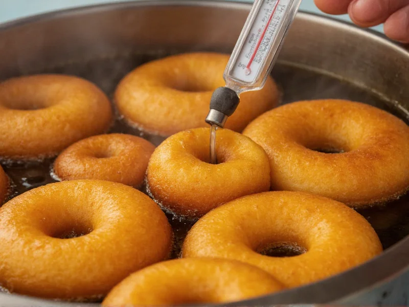 Golden donuts frying in hot oil with thermometer showing 350 degrees