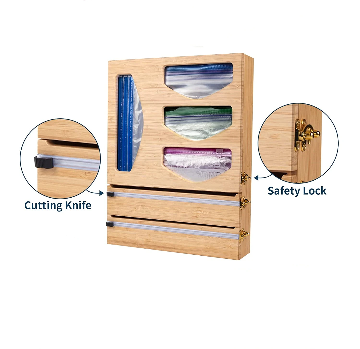 

Ziplock bag storage organizer and dispenser ziplock bag storage organizer with foil dispenser and cutter, Natural bamboo color