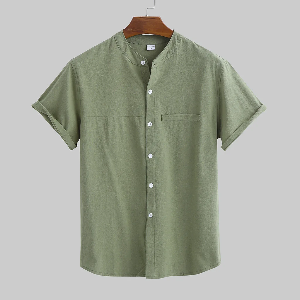 

Linen men's short-sleeved stand-up collar summer thin loose cotton and linen white shirt small fresh casual inch shirt, Picture shown