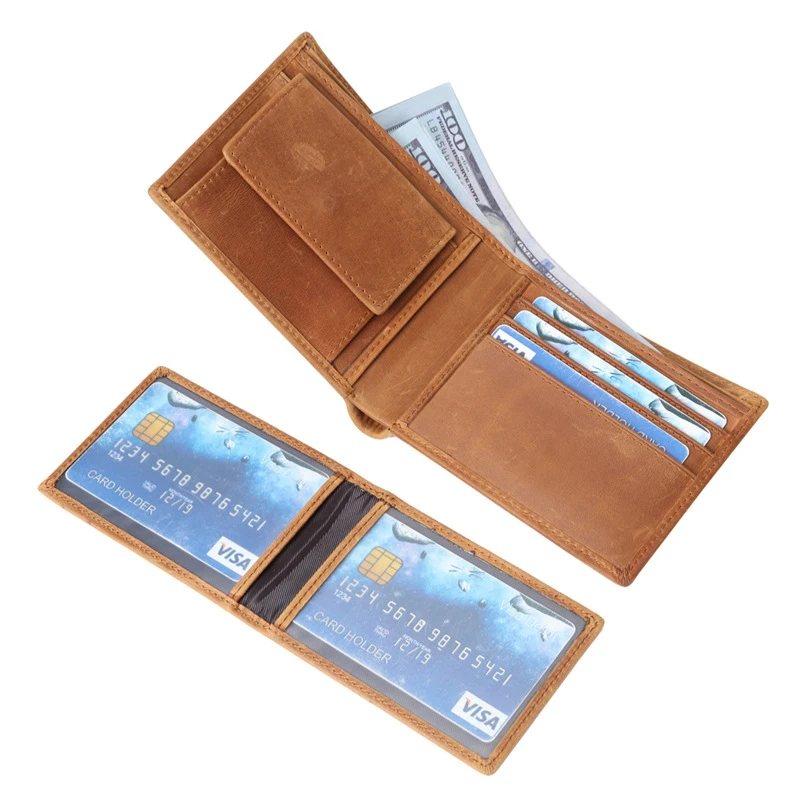 

Customize loose-leaf detachable Full Grain Leather Wallet Retro Brown Men Bifold Crazy Horse Real Leather Wallet for Men