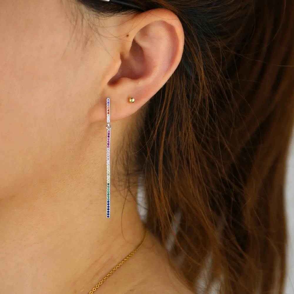 

SIMPLE geometric fashion trendy women jewelry micro pave pastel rainbow cz long bar dangle earring