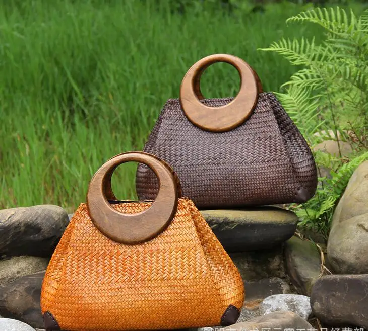 

High fashion Handbags Straw bag beach bamboo handmade woven round natural straw rattan shoulder bag for women