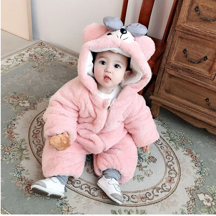 

2021 newest winter baby fluffy rompers hooded baby clothing for bear ears hat fleece supper warm in cold winter baby clothes, Beige, light grey, dark, pink, khaki