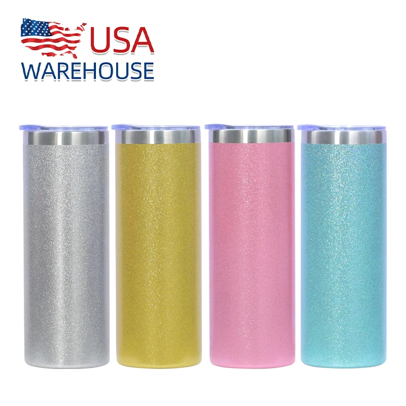 

USA warehouse mixed color stainless steel coffee mug double wall rough shimmer glitter powder coated 20 oz straight tumblers