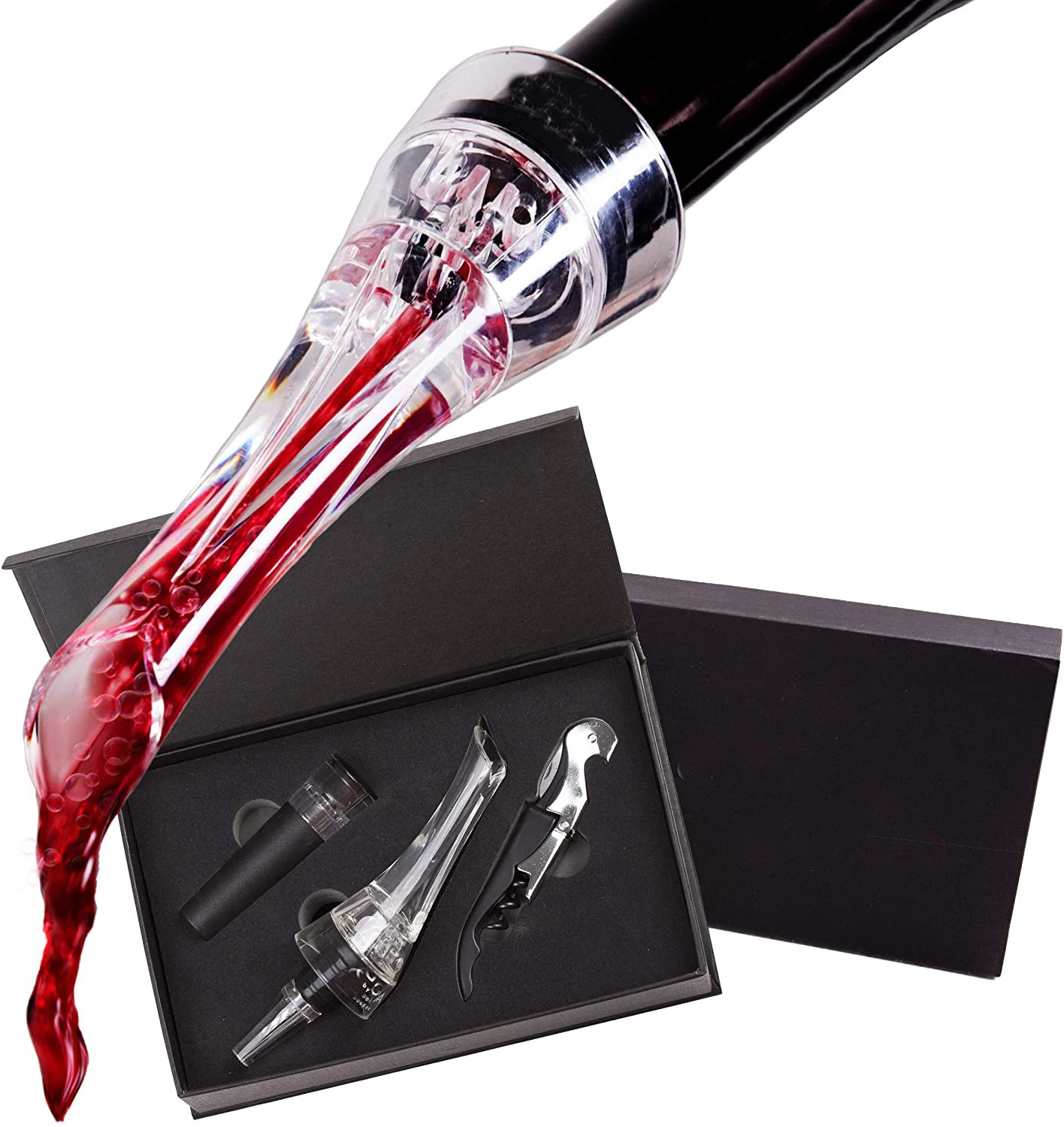 

Wine Accessories Red Wine Aerator Pourer Waiters Corkscrew Wine Opener Tool Gift Set, Silver, transparent