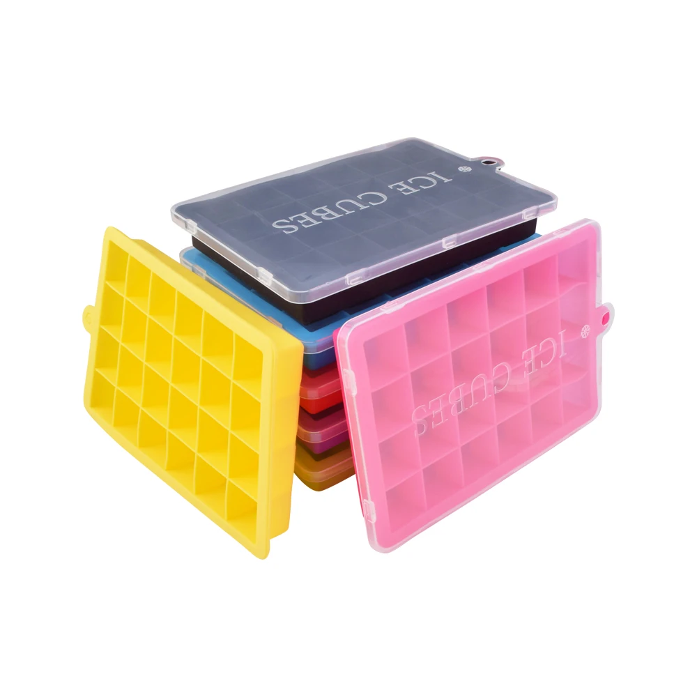 

Custom BPA Free Food Grade Silica Gel Ice Mold Maker Flexible Silicone Ice Cube Tray With Lid, Blue,red,green,yellow,purple,black,magenta